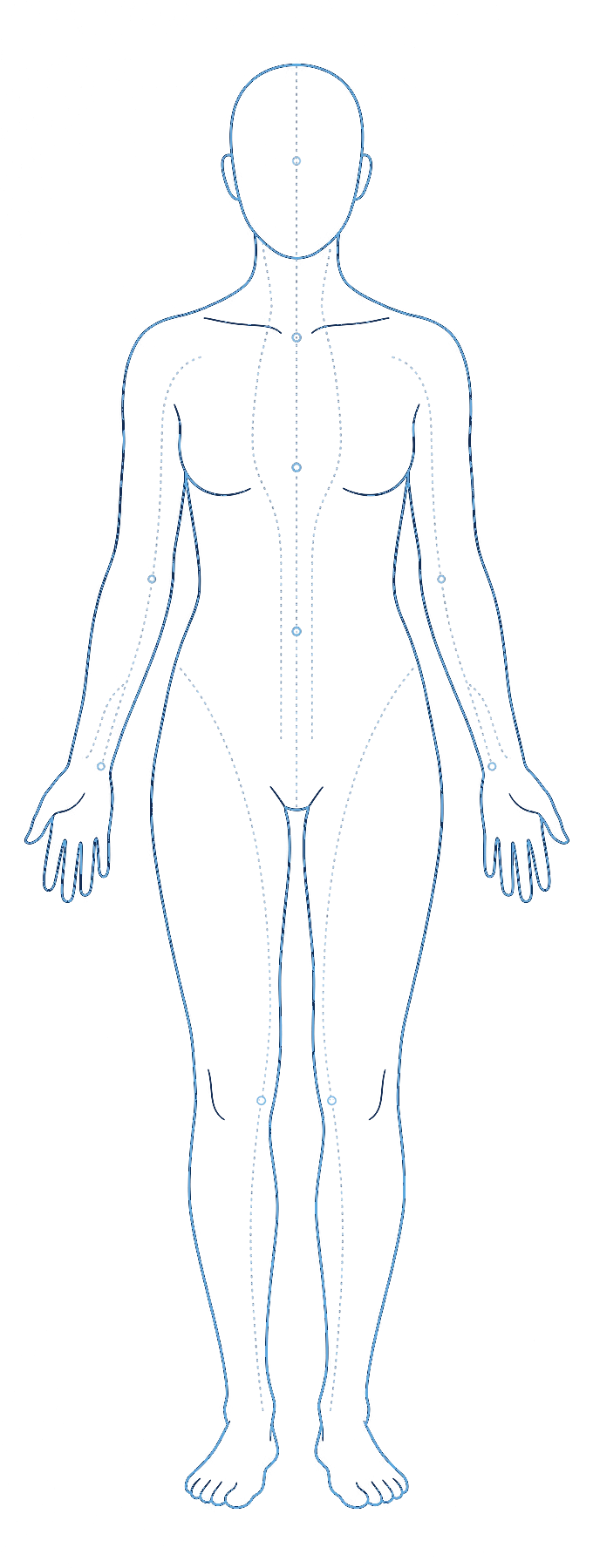 Line illustration of the human body with acupuncture meridians