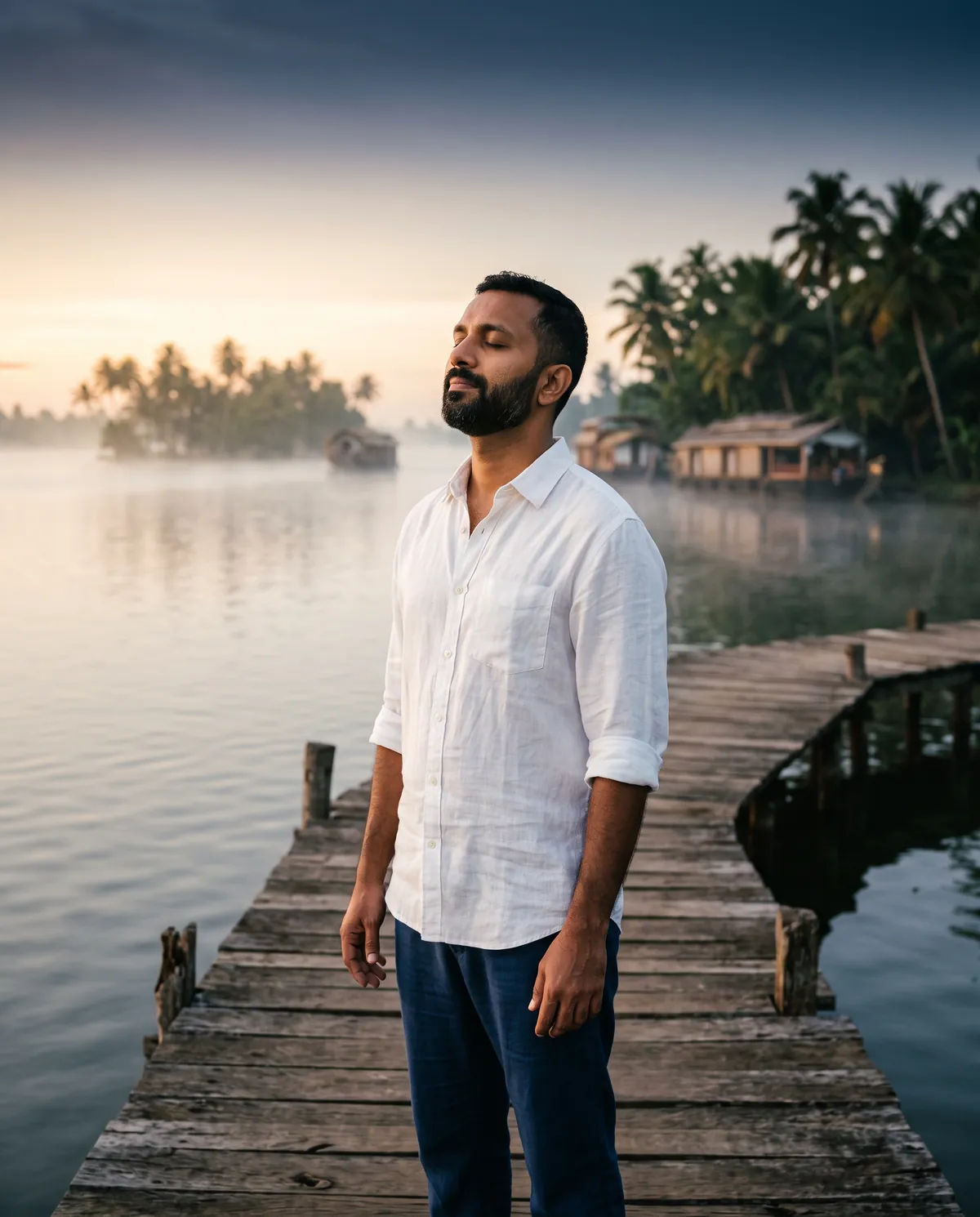 A calm man breathing deeply on a jetty by the backwaters at dawn