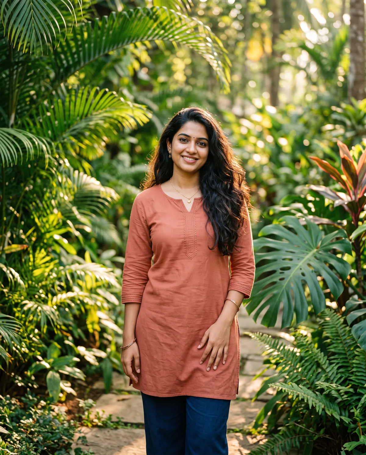 A smiling young woman in a terracotta kurta in a green garden